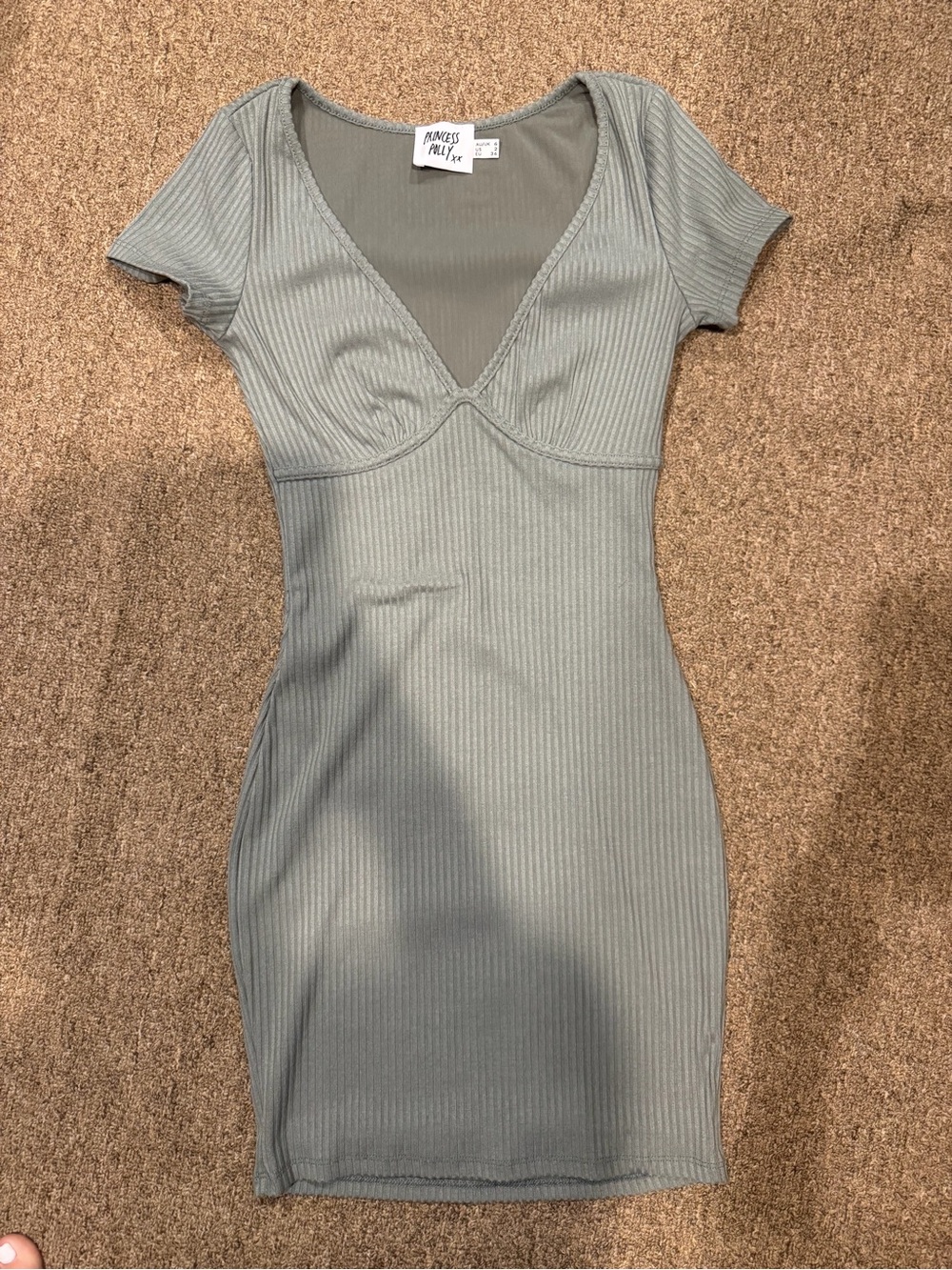 Princess Polly Sage Green Ribbed V-Neck Mini Dress